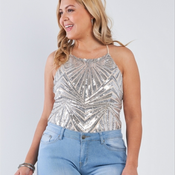 Tops - 2/$60 Nude Silver Sequin Strappy Bodysuit